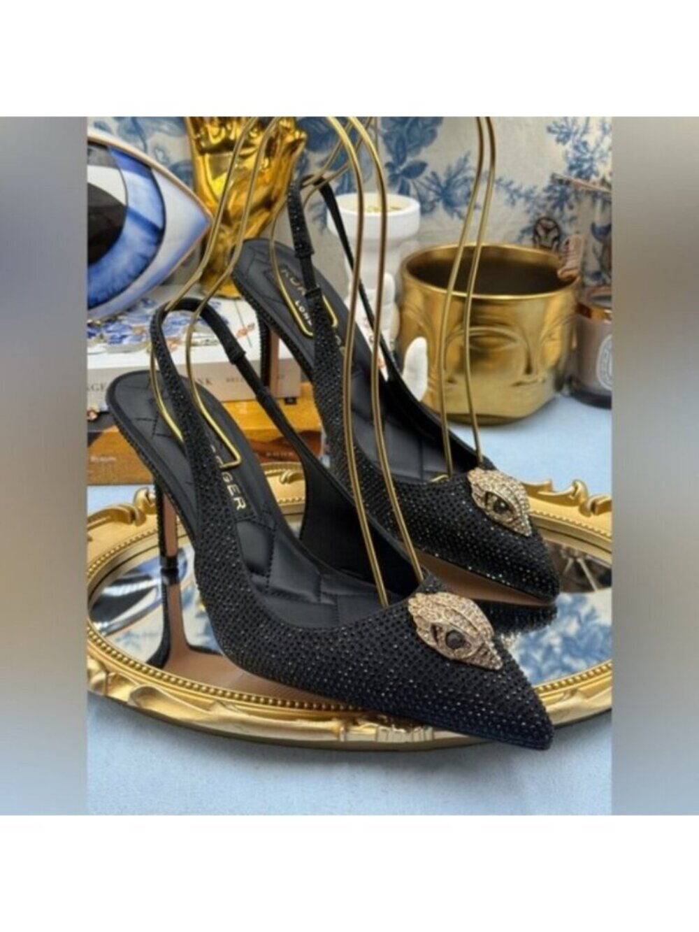 🆕 KURT GEIGER LONDON 🧿 NWOB Belgravia Black Crystal Sling Back Heel, Sz 38 7.5